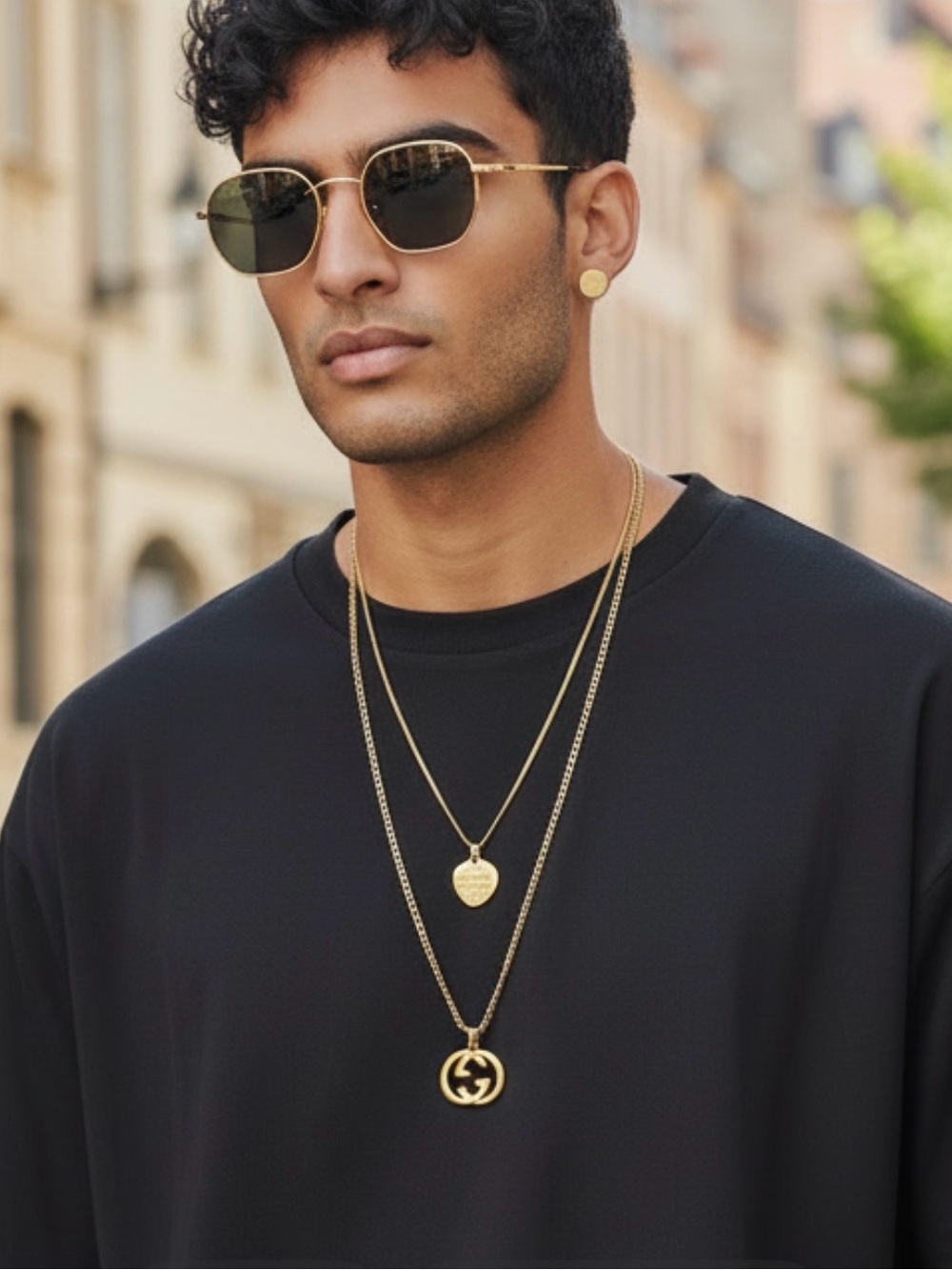 Gold Tone Layered Necklace and Stud Earring
